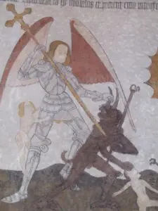 Details der Fresken der romanischen Kirche (St. Michael im Kampf mit dem Teufel)