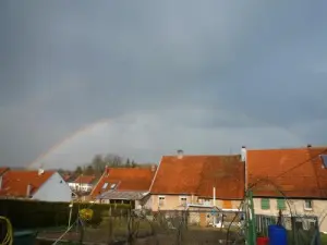 Rainbow sky above the rooftops