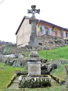 Croix à fût bulbeux au centre du hameau de Vacheresse (© Jean Espirat)