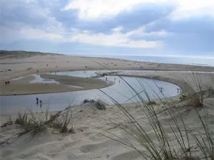 The Courant d'Huchet flows into Moliets on the beach