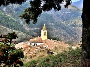 Bell tower and roofs of the village, seen from the cemetery (© JE)