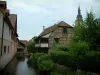 Андлау - Река, дома, растения, деревья и шпиль церкви аббатства Сен-Пьер и Сен-Поль