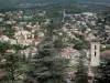 Форкалькье - Вид на город: башня собора Нотр-Дам-дю-Бурже, дома, здания и деревья на переднем плане