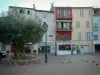 サン・トロペ - オリーブの木と街灯で飾られた広場を見下ろす家屋