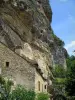 ラ-ロケ＝ガジェック - ペリゴールのドルドーニュ渓谷の崖、トログロダイトの砦と石造りの家に続く階段