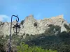 城堡Peyrepertuse - 在Peyrepertuse站点的脚的路灯柱以Cathar堡垒为目的栖息在它的岩石海角
