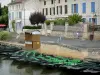 库伦 - 停泊的船只（绿色威尼斯乘船游览的码头），路易斯塔迪码头和村庄的房屋外墙;在Marais Poitevin（湿沼泽）