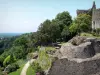 的Domfront - 城堡遗址及其背景中的花园和地牢;在诺曼底 - 缅因州地区自然公园