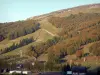 超级贝斯 - 滑雪胜地的房屋，草地，树木和电梯（冬季运动）;位于Besse-et-Saint-Anastaise市Sancy Massif（Dore Mountains）的Auvergne火山区域自然公园