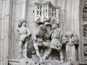 Abbeville - Facade of the Saint-Vulfran collegiate church of Flamboyant Gothic style: statues, sculptures