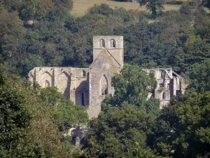 Abtei von Hambye - Abteikirche und ihr viereckiger Kirchturm umgeben von Bäumen