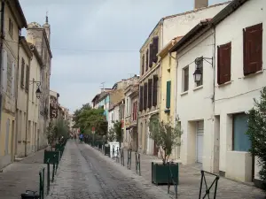 Aigues-Mortes - Strasse gesäumt von Häusern, hinter den Stadtmauern
