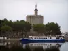 Aigues-Mortes - Constance tower (circular keep), trees and moored barge