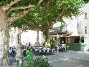 Aiguèze - Plaza de la sombra de plátanos y una fuente y una terraza de un café