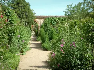 Ainay-le-Vieil castle - Montreuils chartreuses: garden with trees, plants and flowers, arch in background