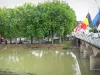 Aire-sur-l'Adour - Flussbrücke auf dem Adour geschmückt mit Flaggen, und Bäume am Flussufer