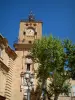 Aix-en-Provence - Torre do relógio da Place de l'Hotel-de-Ville com uma árvore de avião