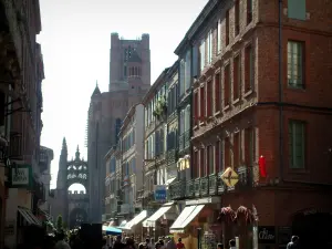 Albi - Winkelen straat met huizen met uitzicht op de kathedraal Sainte-Cecile