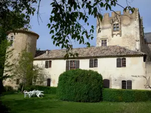 Allemagne-en-Provence castle - Crenellated keep, house, round tower and garden