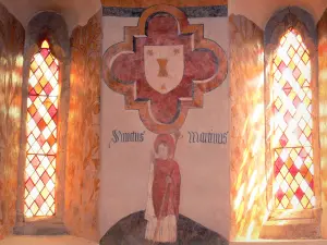 Allemans-du-Dropt - Intérieur de l'église Saint-Eutrope : fresque (peinture murale) et vitraux
