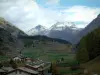 Alpenlandschaften der Savoie - Häuser eines Dorfes, Bäume, Weiden und Berge mit Gipfeln mit Schnee (Nationalpark Vanoise)