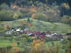 Alpenlandschaften der Savoie - Chalets eines Bergdorfes, Bergwiesen und Bäume mit Farben des Herbstes