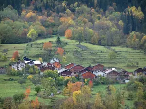 Alpenlandschaften der Savoie - Chalets eines Bergdorfes, Bergwiesen und Bäume mit Farben des Herbstes