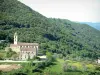 Alta Rocca - Kloster und Kirche Saint-François (nahe dem Dorf Sainte-Lucie-de-Tallano), Wiese mit Olivenbäumen und Hügel bedeckt mit Wäldern