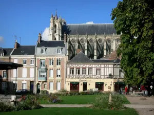 Amiens - Cathédrale Notre-Dame de style gothique, maisons, place agrémentée de fleurs et de pelouse