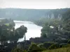 Les Andelys - View of the Seine river (Seine valley), bell tower of the Saint-Sauveur church and the rooftops of Petit-Andely