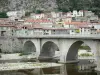 Anduze - Brücke überspannend den Fluss Gardon und Häuser der Stadt; in den Cevennen