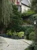 Angers - Maisons, lampadaire, arbres, arbustes et sol pavé