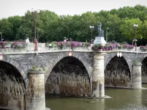 Angers - Verdún Puente con la estatua de Nicolás de Beaurepaire, luces de la calle y las flores, árboles y río Maine