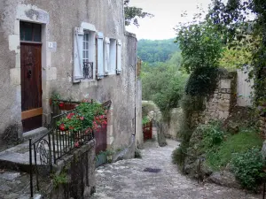 Angles-sur-l'Anglin - House of the village and sloping narrow paved street (la Cueille) leading to the low city (banks of the Anglin river)