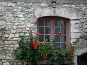 Angles-sur-l'Anglin - Finestra decorata con fiori e rosa (rosa)