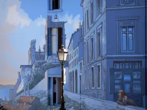 Angoulême - Wandmalerei, Fenster eines Hauses und Strassenlaterne
