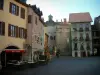 Annecy - Sainte-Claire square with houses, Sainte-Claire gate and café terrace