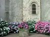 Argenton-les-Vallées - St. Giles Church, waterputten en hortensia's in bloei