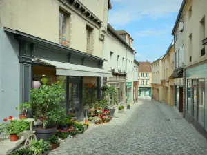 Arnay-le-Duc - Geplaveide straat met winkels en huizen