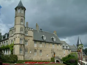 Arques - Castello, arbusti, fiori e cielo tempestoso