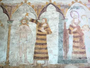 Asnières-sur-Vègre - Inside the Saint-Hilaire church: medieval wall painting: baptism of Christ