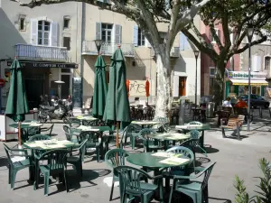 Aubenas - Cafeterrasse, Platanen und Fassaden des Rathausplatzes