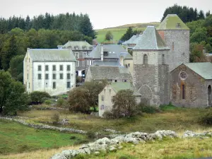 Aubrac in Aveyron - Gezicht op het dorp van Aubrac (Saint-Chely-d'Aubrac), met zijn toren van de Engels kerk Notre-Dame-des-Arm en huizen