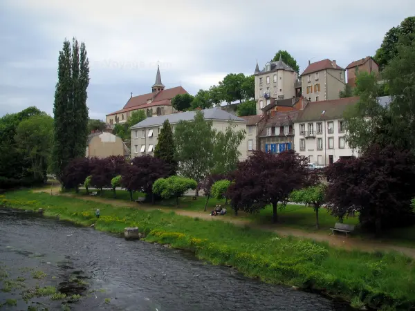 Aubusson - The River Creuse, bank, trees, Sainte-Croix church and houses of the city