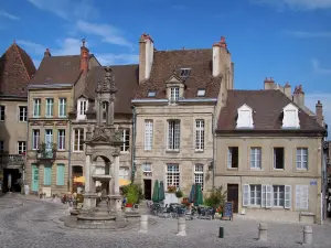 Autun - Fontaine Saint-Lazare, terrasse de café et maisons de la vieille ville