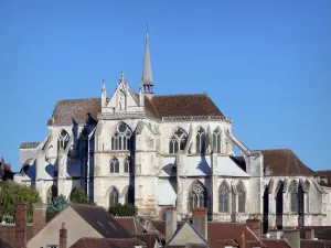 Auxerre - Saint-Germain abbey church in Gothic style and roofs of houses in the town