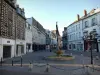 Auxerre - Facciate di case, negozi e fontana di Place Charles Surugue sormontata da una statua del cadetto Roussel
