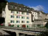 Bagnols-les-Bains - Flower-bedecked bridge spanning over River Lot, Casino and houses of the spa town