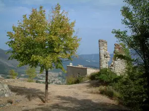 Bargème - Los árboles, arbustos, casa de piedra con vistas al pueblo en las colinas (el Parque Natural Regional de Verdon)