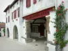 La Bastide-Clairence - Gevels van huizen in Navarra verrijkt met roze bloesems op de voorgrond